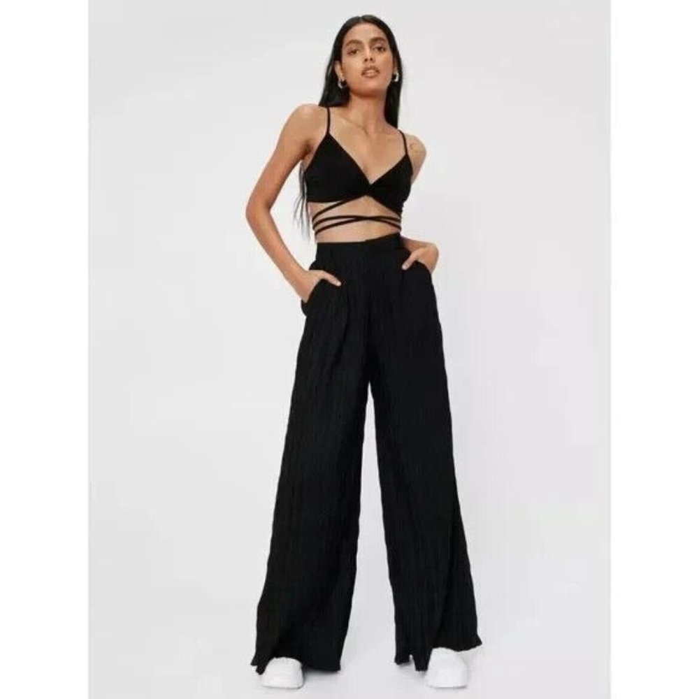 Nasty Gal Pants Black Plisse High Waisted Wide Leg Pockets
